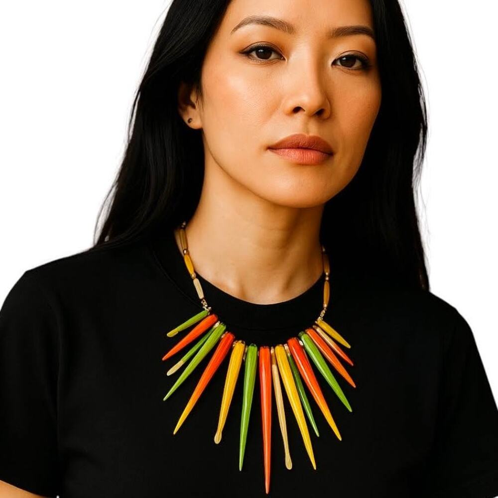 Vintage 70s Wood Spike Statement Necklace | Tribal Boho Chic